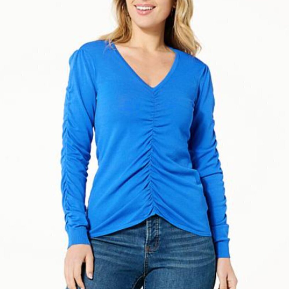 Victor Glemaud Blue Turkish Sea Ruched Pullover V Neck Sweater XL